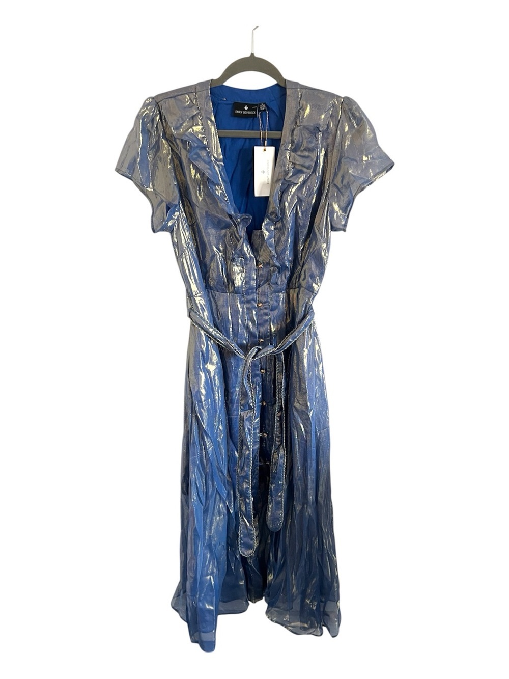 NWT Emily Lovelock Metallic Blue Tiered Dress, size medium